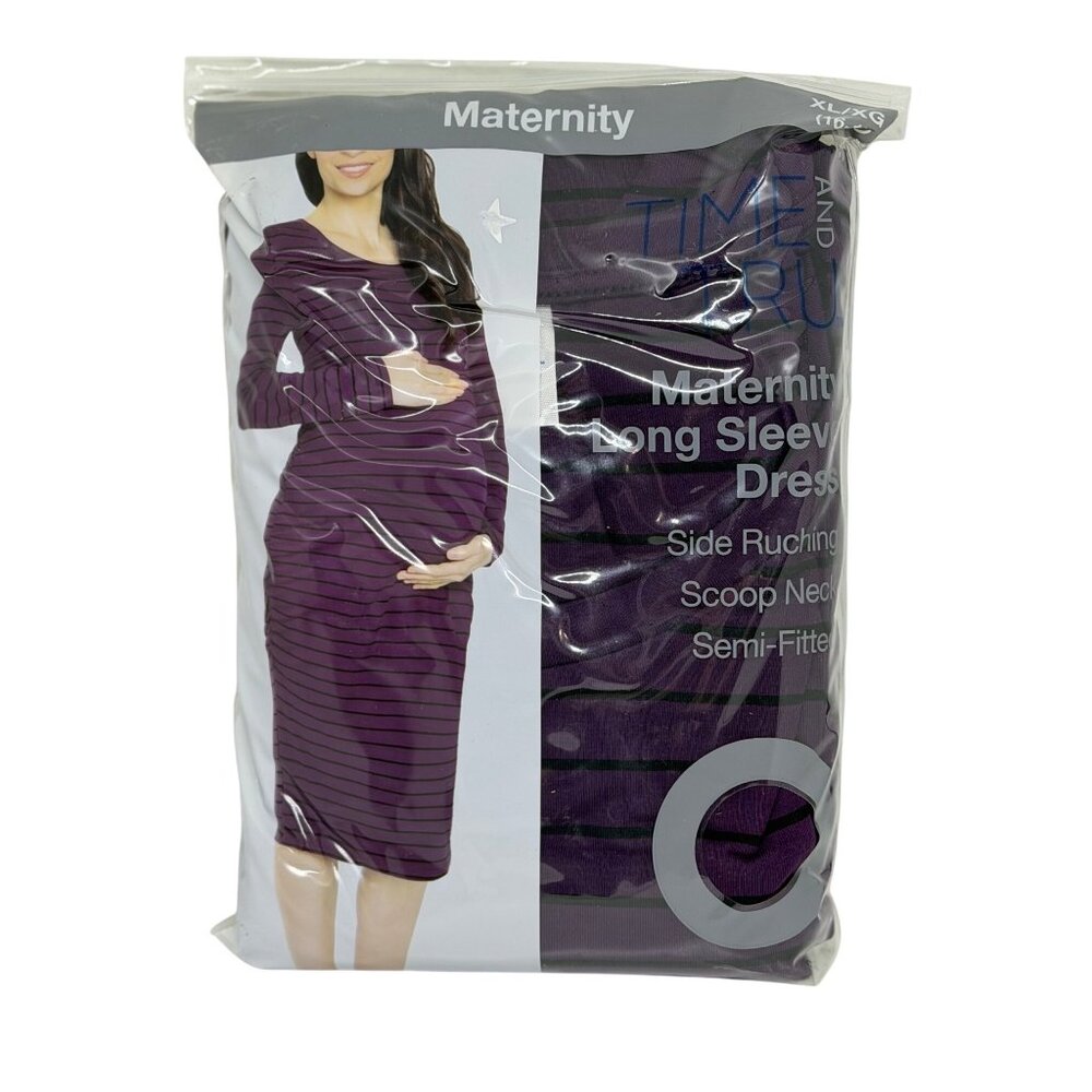 NEW‎ Time and Tru Maternity LS Dress XL (16-18) Purple Black Stripes Semi-Fitted